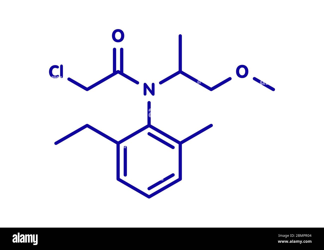 Metolachlor herbicide (weed killer) molecule. Skeletal formula Stock