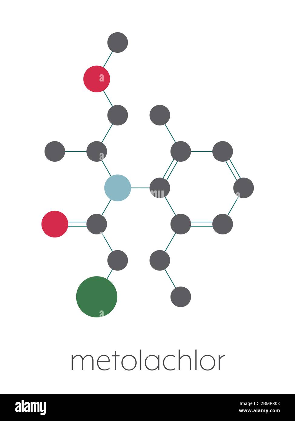 Metolachlor herbicide (weed killer) molecule. Stylized skeletal formula