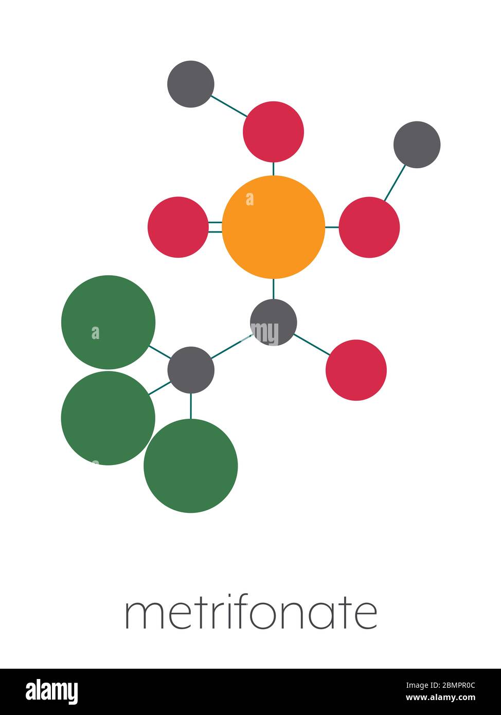 Metrifonate (trichlorfon) insecticide molecule. Stylized skeletal formula  (chemical structure): Atoms are shown as color-coded circles: hydrogen  (hidden), carbon (grey), oxygen (red), chlorine (green), phosphorus (orange  Stock Photo - Alamy