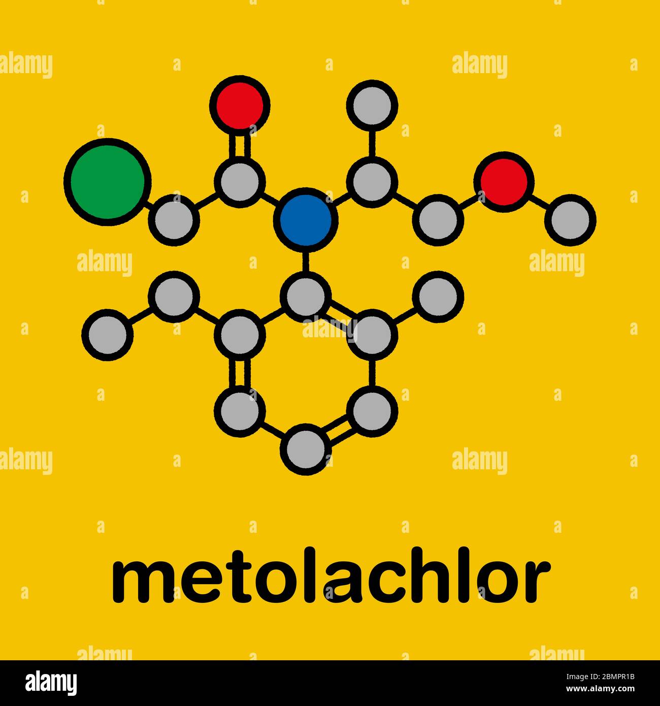 Metolachlor herbicide (weed killer) molecule. Stylized skeletal formula
