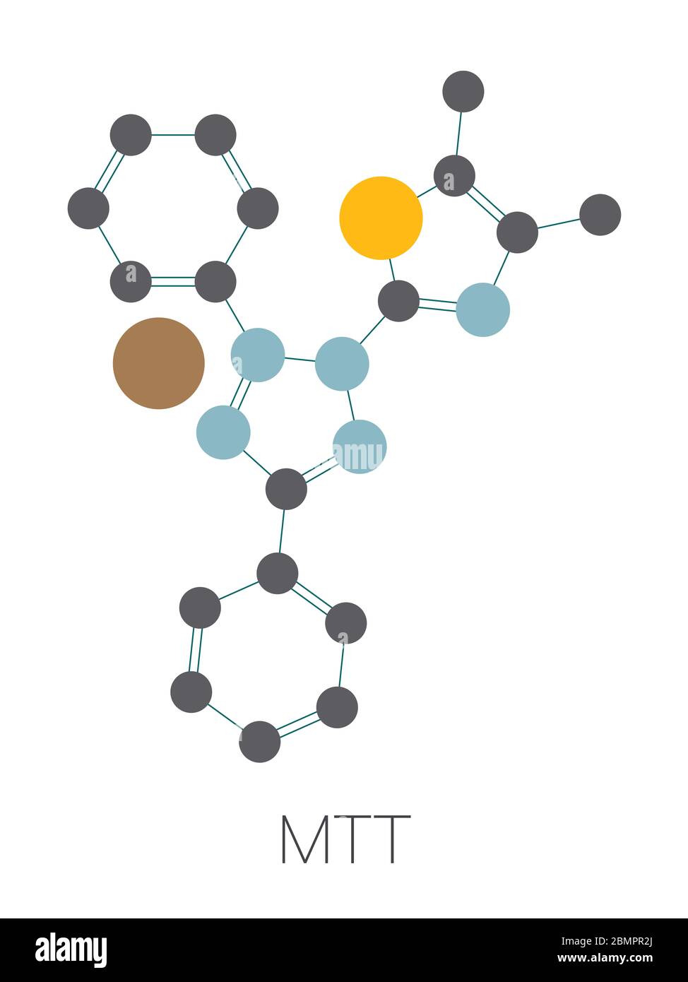 MTT yellow tetrazole dye molecule. Used in MTT assay, used to measure cytotoxicity and cell metabolic activity. Stylized skeletal formula (chemical structure): Atoms are shown as color-coded circles: hydrogen (hidden), carbon (grey), oxygen (red), nitrogen (blue), sulfur (yellow), bromine (brown). Stock Photo