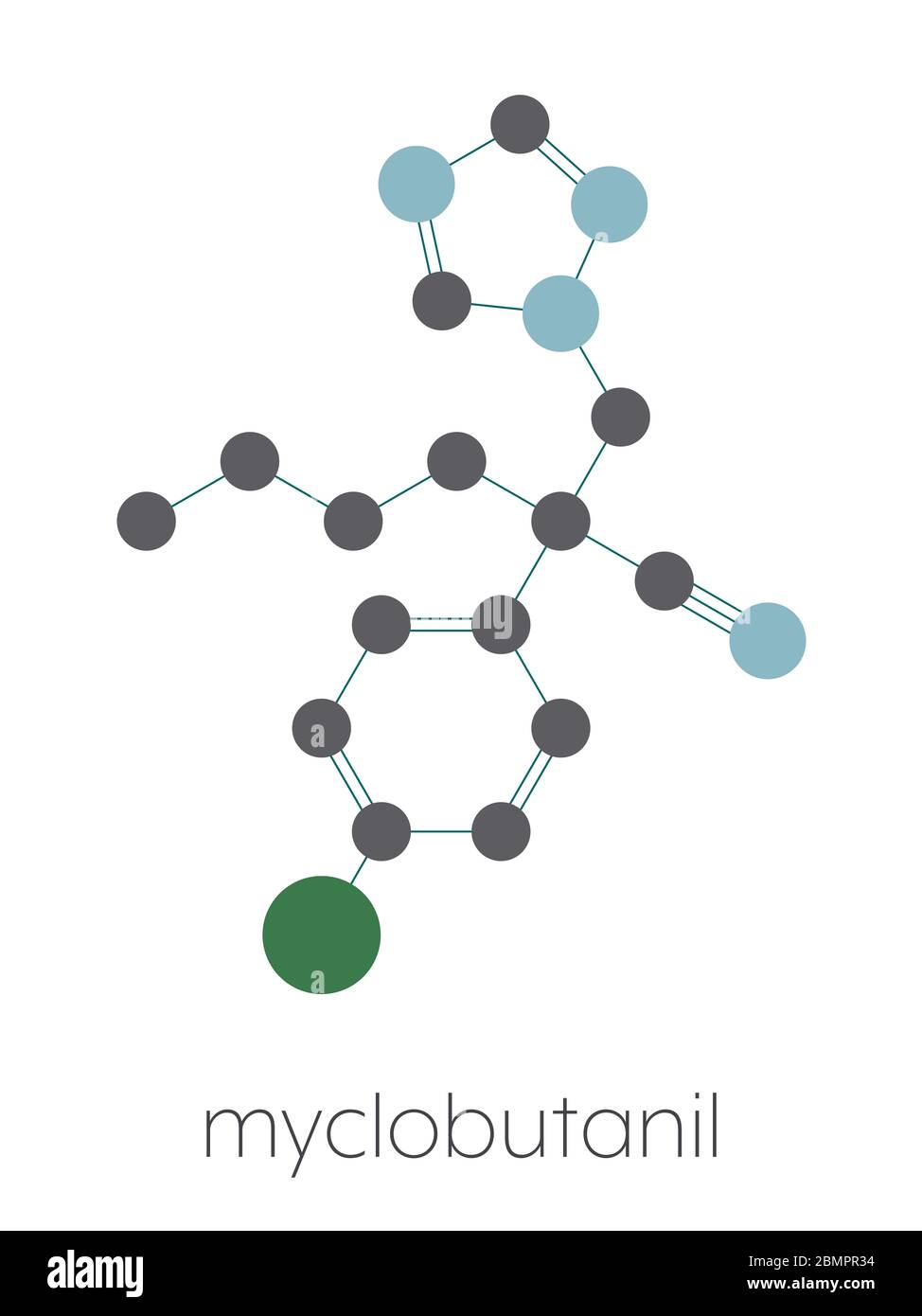 Myclobutanil antifungal molecule (triazole class). Stylized skeletal formula (chemical structure): Atoms are shown as color-coded circles: hydrogen (hidden), carbon (grey), nitrogen (blue), chlorine (green). Stock Photo