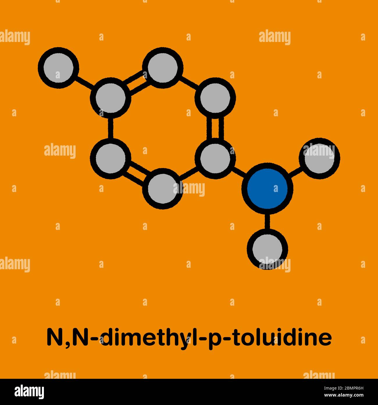 N,N-dimethyl-p-toluidine (DMPT) molecule. Commonly used as catalyst in the production of polymers and in dental materials and bone cements. Stylized skeletal formula (chemical structure): Atoms are shown as color-coded circles: hydrogen (hidden), carbon (grey), oxygen (red), nitrogen (blue). Stock Photo