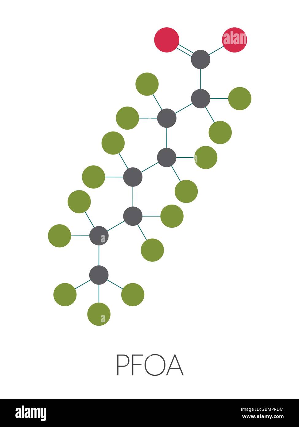 Perfluorooctanoic acid (PFOA, C8) molecule. Important and persistent pollutant. Stylized skeletal formula (chemical structure): Atoms are shown as color-coded circles: hydrogen (hidden), carbon (grey), fluorine (cyan), oxygen (red). Stock Photo