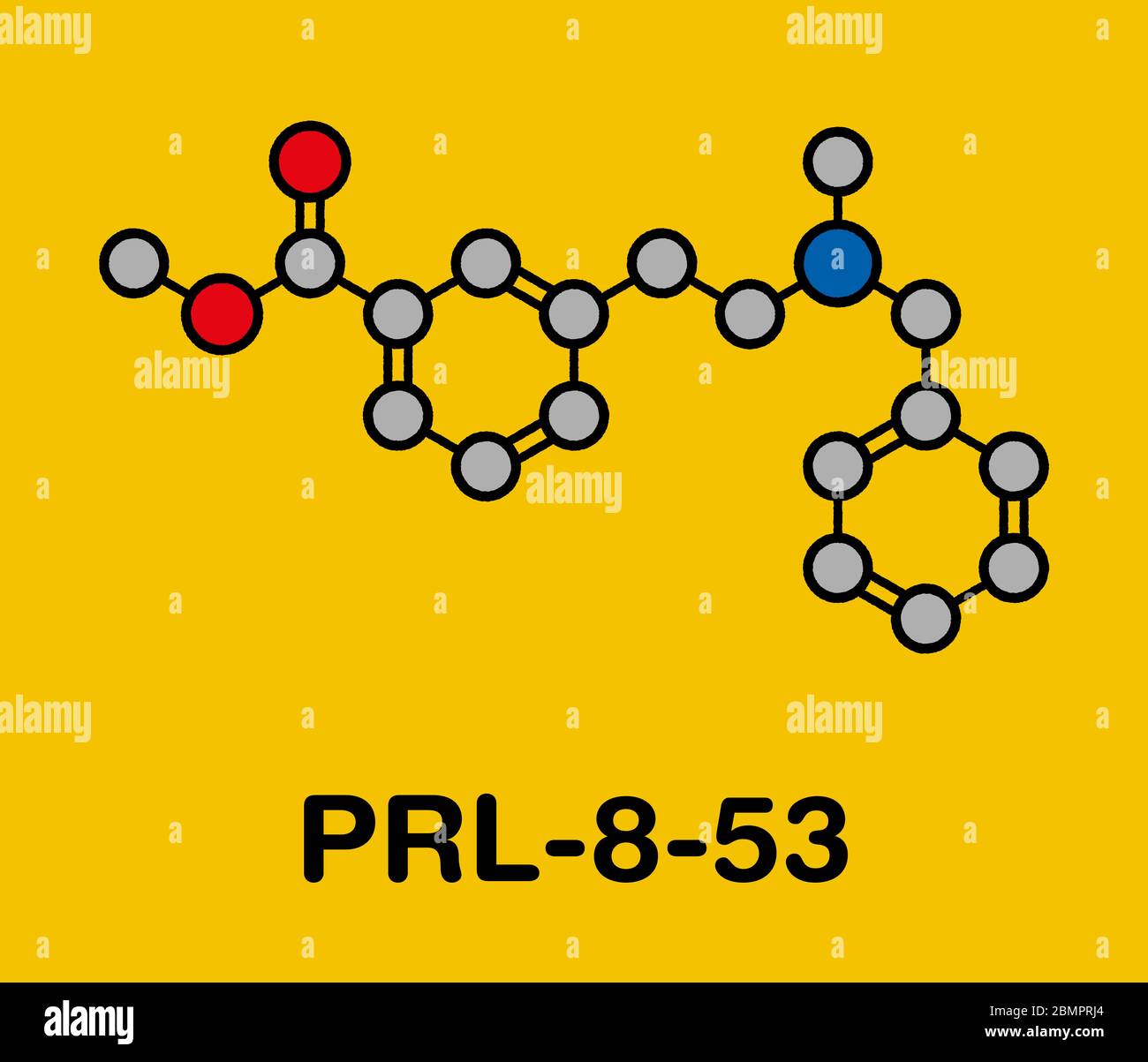 PRL-8-53 nootropic research chemical molecule. Stylized skeletal formula (chemical structure): Atoms are shown as color-coded circles: hydrogen (hidden), carbon (grey), oxygen (red), nitrogen (blue). Stock Photo