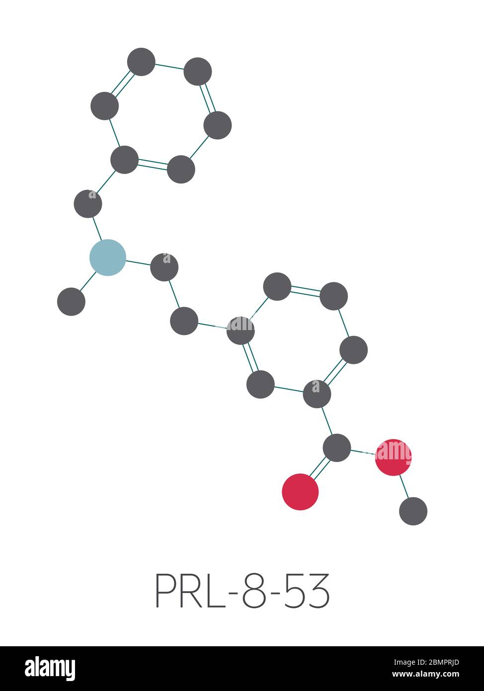 PRL-8-53 nootropic research chemical molecule. Stylized skeletal formula (chemical structure): Atoms are shown as color-coded circles: hydrogen (hidden), carbon (grey), oxygen (red), nitrogen (blue). Stock Photo