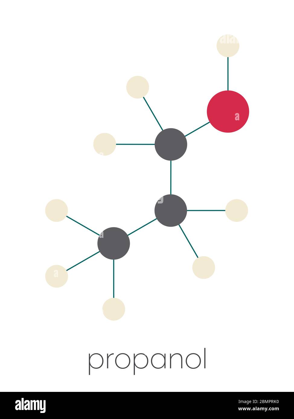 Propanol (n-propanol) solvent molecule. Stylized skeletal formula (chemical structure): Atoms are shown as color-coded circles: hydrogen (beige), carbon (grey), oxygen (red). Stock Photo
