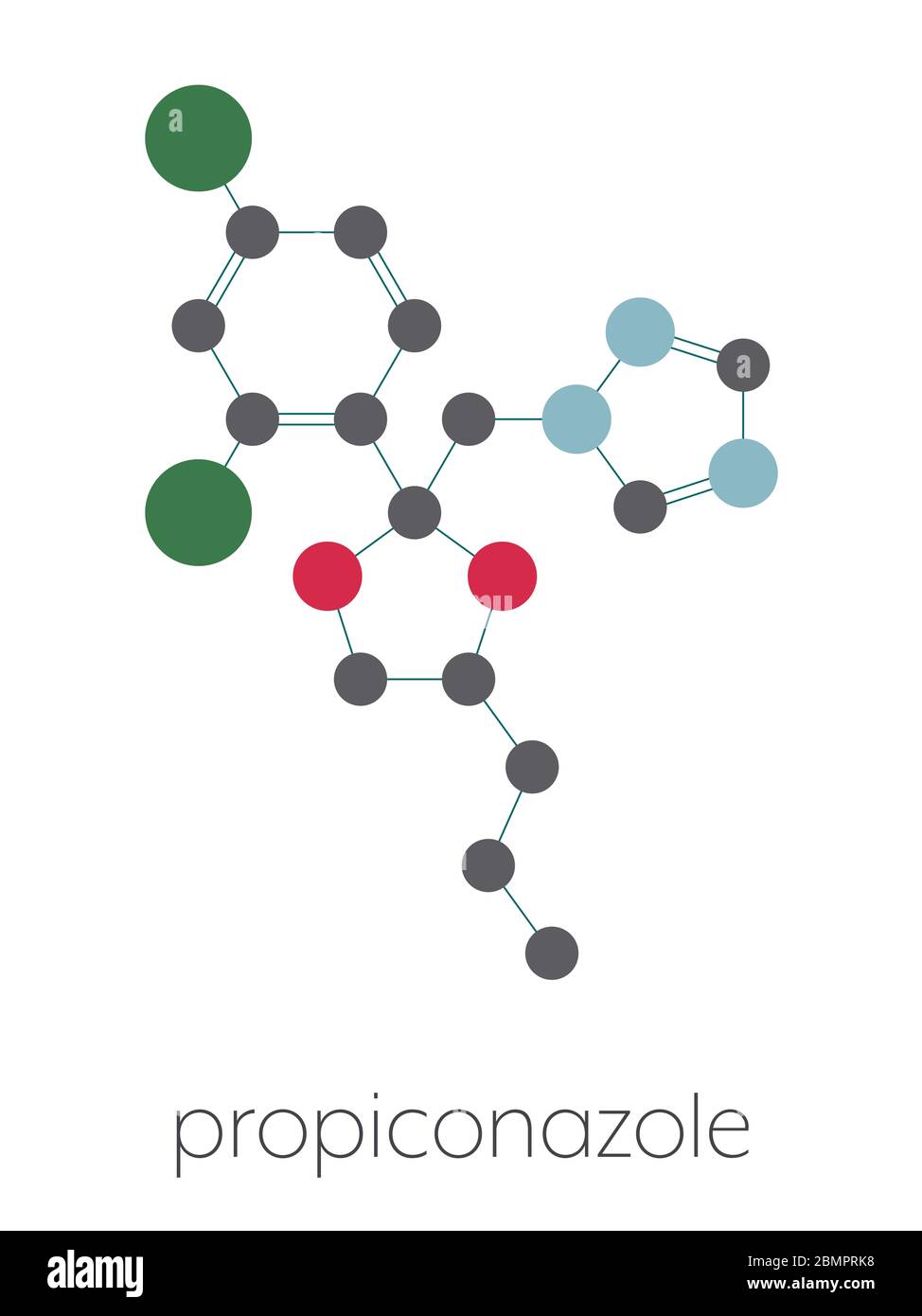Propiconazole fungicide molecule, used in agriculture for crop protection. Stylized skeletal formula (chemical structure). Atoms are shown as color-coded circles: hydrogen (hidden), carbon (grey), nitrogen (blue), oxygen (red), chlorine (green). Stock Photo