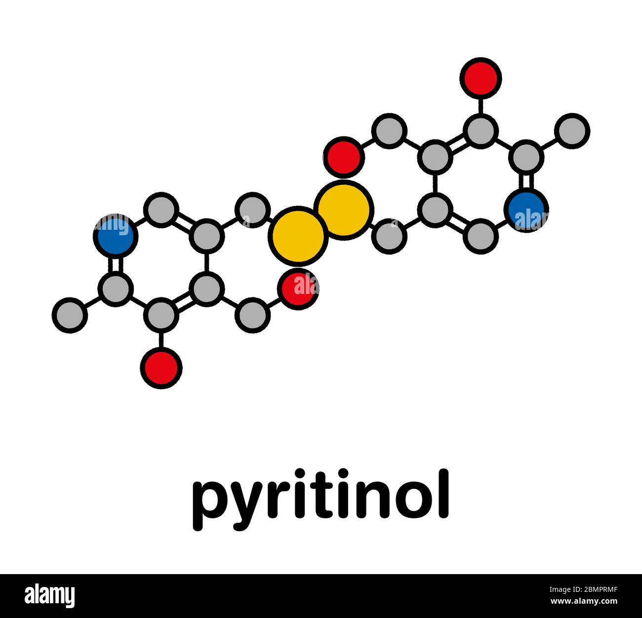 Pyritinol (pyridoxine disulfide) cognitive and learning disorder drug molecule. Also used in nootropic dietary supplements. Stylized skeletal formula (chemical structure): Atoms are shown as color-coded circles: hydrogen (hidden), carbon (grey), oxygen (red), nitrogen (blue), sulfur (yellow). Stock Photo