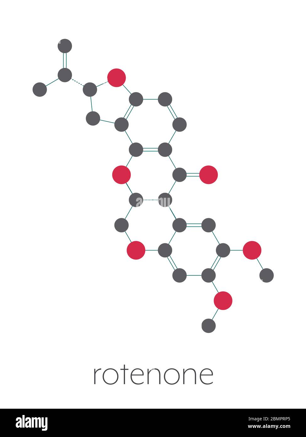 Rotenone broad-spectrum insecticide molecule. Also linked to development of Parkinson's disease. Stylized skeletal formula (chemical structure): Atoms are shown as color-coded circles: hydrogen (hidden), carbon (grey), oxygen (red). Stock Photo
