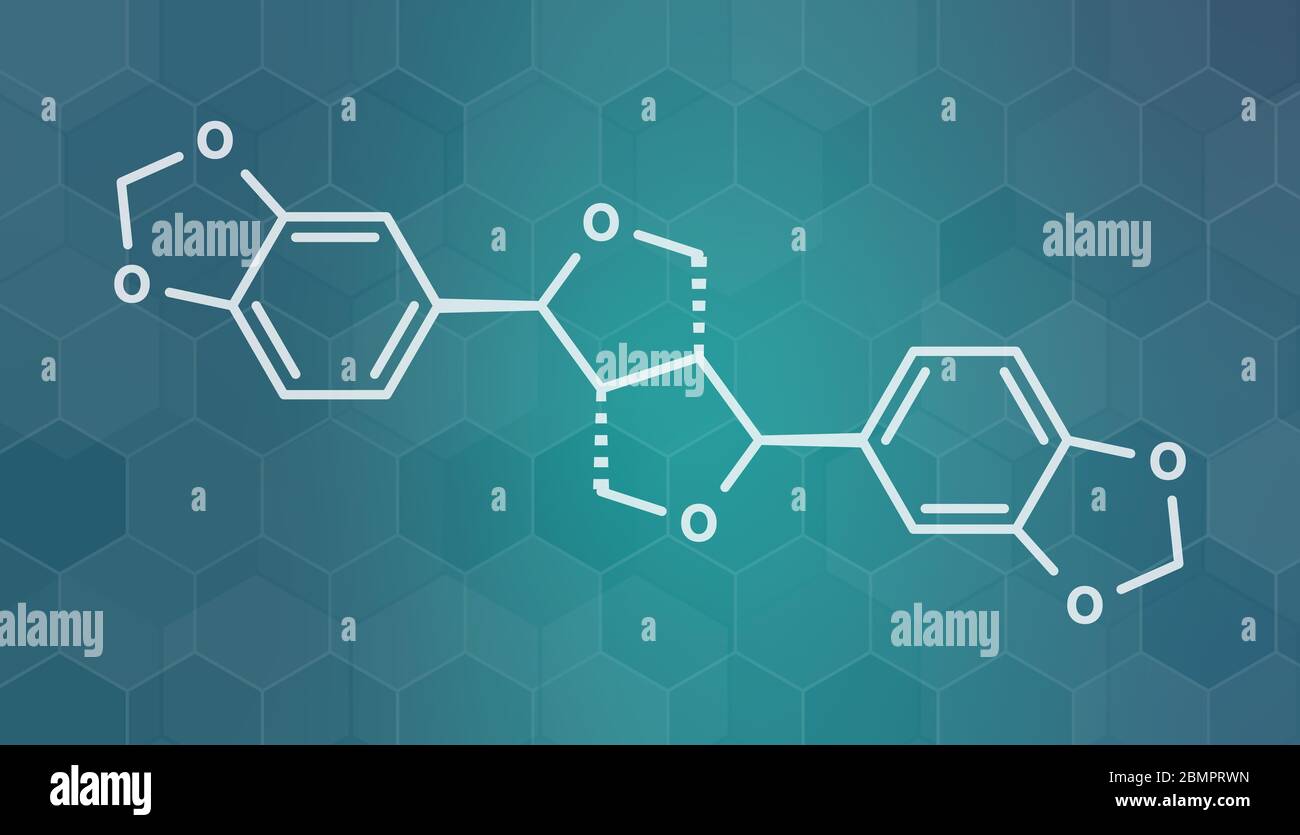 Sesamin molecule. Lignan present in sesame oil. Skeletal formula Stock