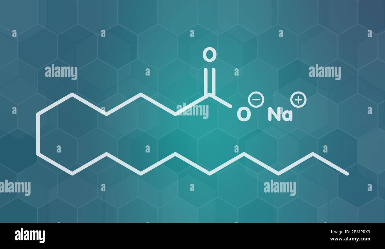 Sodium palmitate soap molecule. Prepared from palm oil by