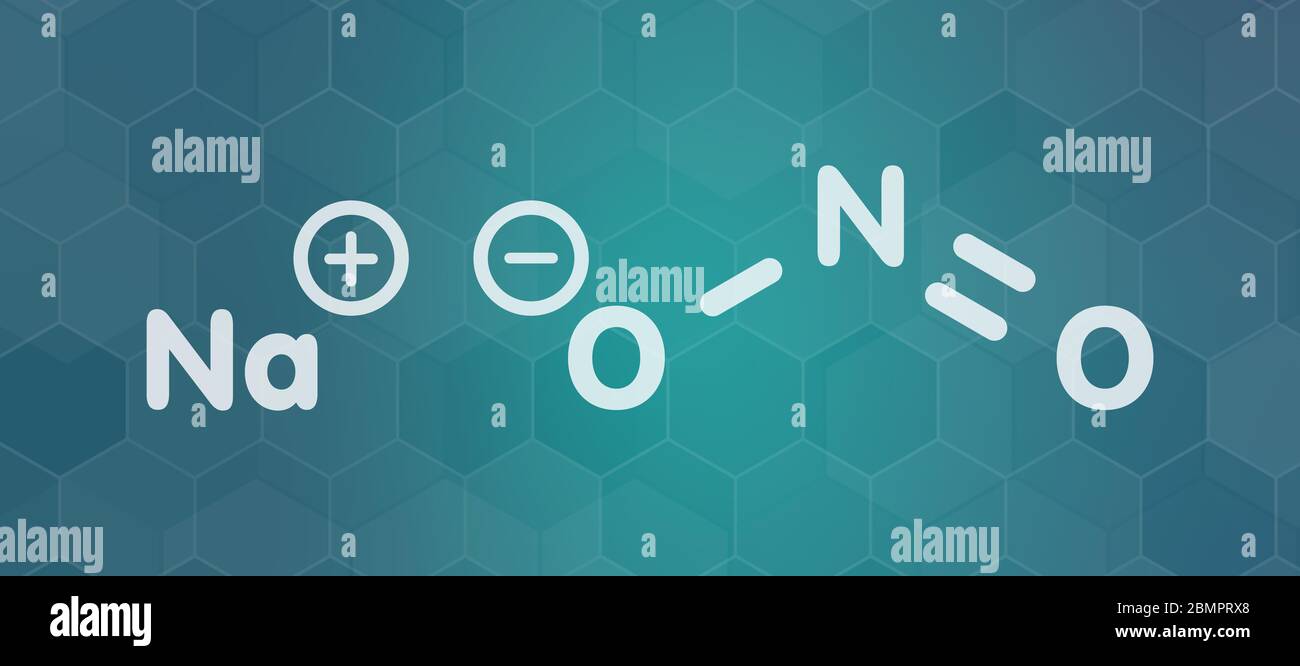 Sodium nitrite, chemical structure. Used in the curing of meat