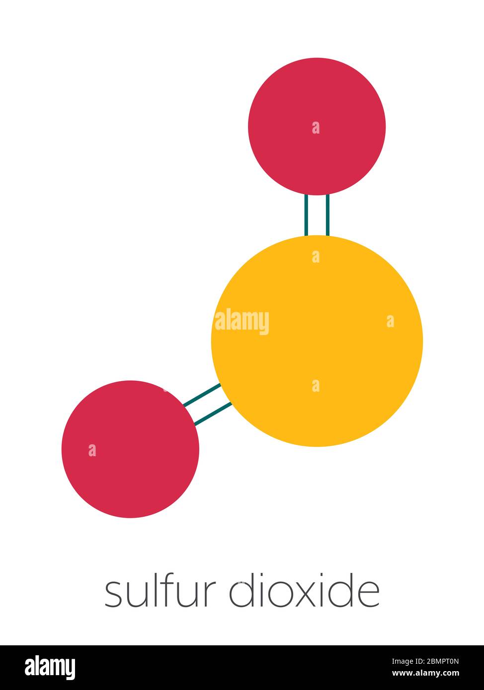 Sulfur dioxide food preservative molecule (E220). Also used in winemaking  and responsible for sulfites in wine. Stylized skeletal formula (chemical  structure): Atoms are shown as color-coded circles: sulfur (yellow), oxygen  (red Stock