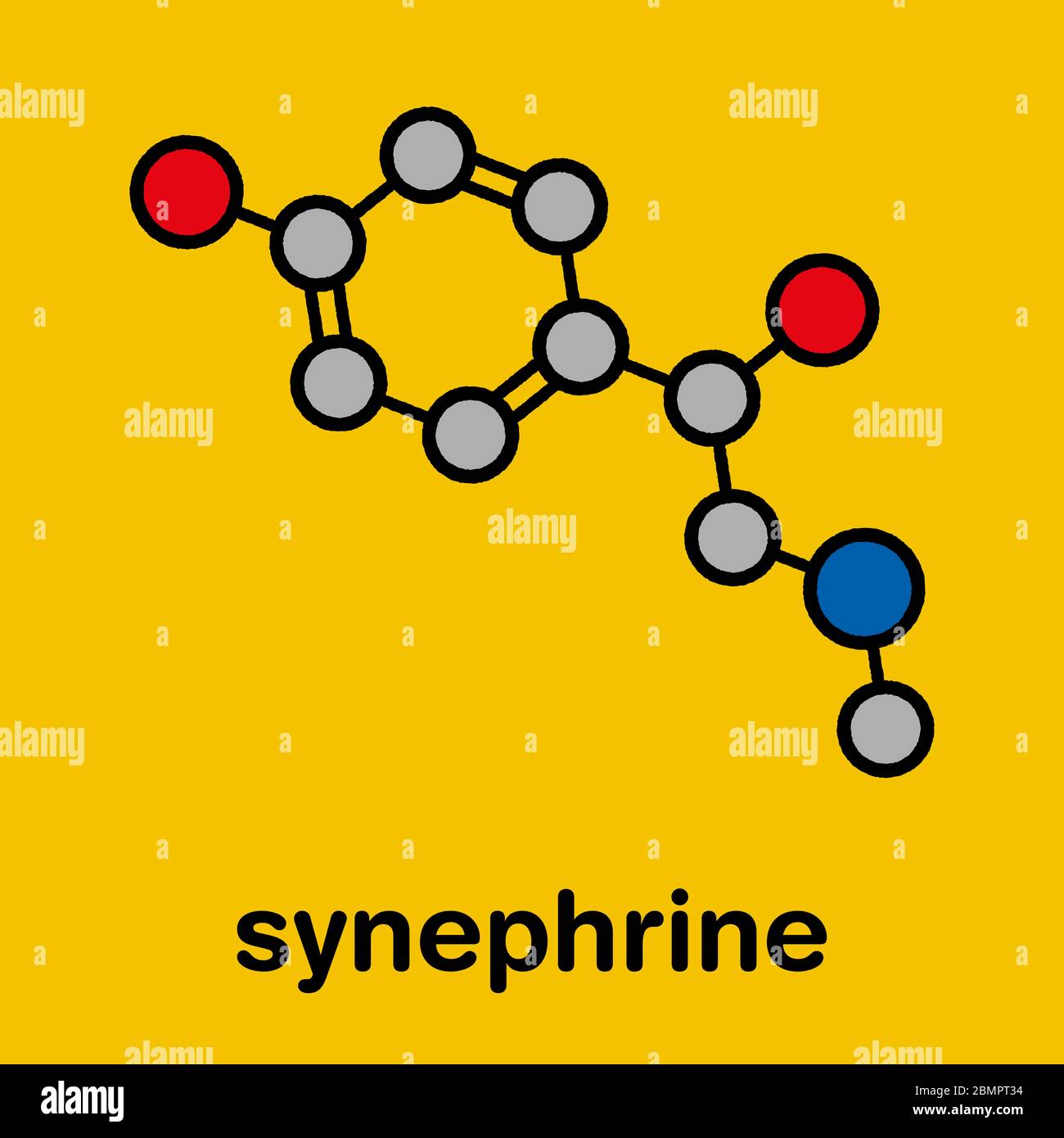 Synephrine herbal stimulant molecule. Present in several Citrus species. Stylized skeletal formula (chemical structure): Atoms are shown as color-coded circles: hydrogen (hidden), carbon (grey), oxygen (red), nitrogen (blue). Stock Photo