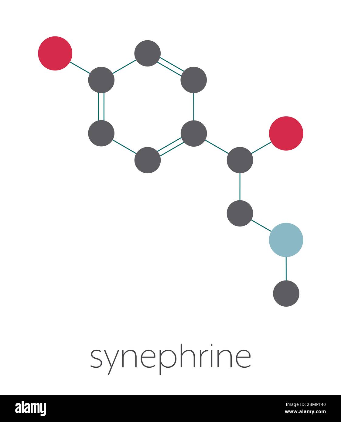 Synephrine herbal stimulant molecule. Present in several Citrus species. Stylized skeletal formula (chemical structure): Atoms are shown as color-coded circles: hydrogen (hidden), carbon (grey), oxygen (red), nitrogen (blue). Stock Photo