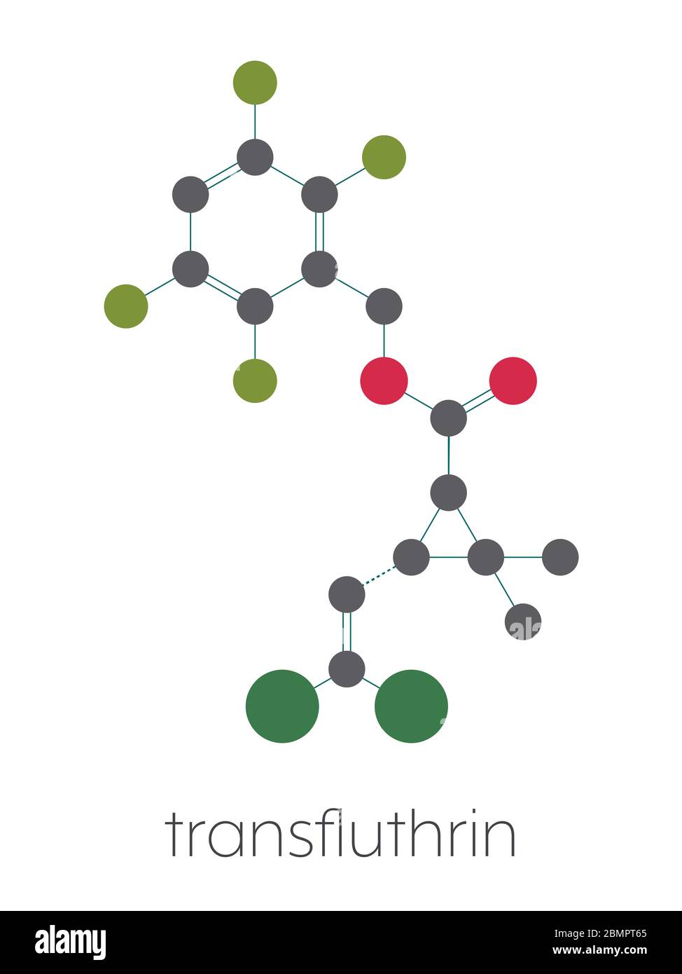 Transfluthrin insecticide molecule. Stylized skeletal formula (chemical structure): Atoms are shown as color-coded circles: hydrogen (hidden), carbon (grey), oxygen (red), chlorine (green), fluorine (cyan). Stock Photo