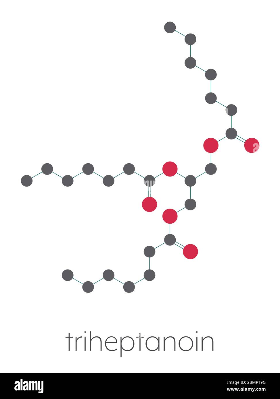 Triheptanoin drug molecule. Stylized skeletal formula (chemical structure): Atoms are shown as color-coded circles: hydrogen (hidden), carbon (grey), oxygen (red). Stock Photo