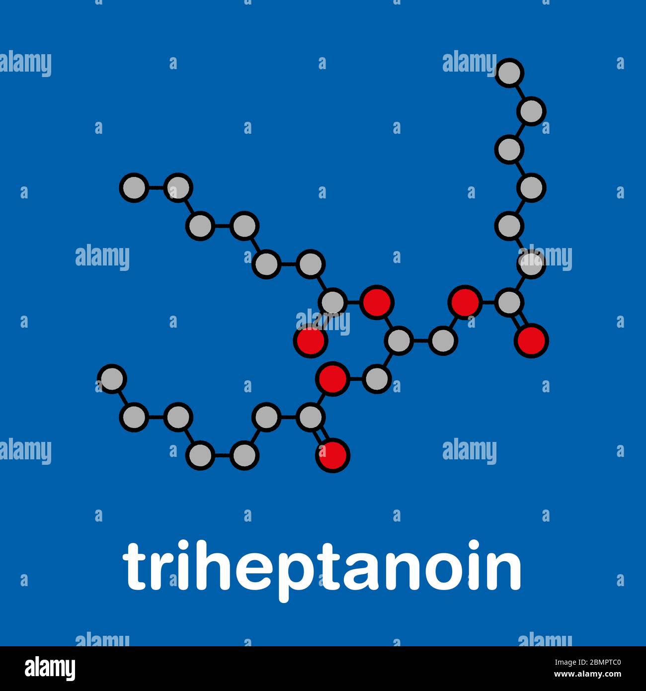 Triheptanoin drug molecule. Stylized skeletal formula (chemical structure): Atoms are shown as color-coded circles: hydrogen (hidden), carbon (grey), oxygen (red). Stock Photo