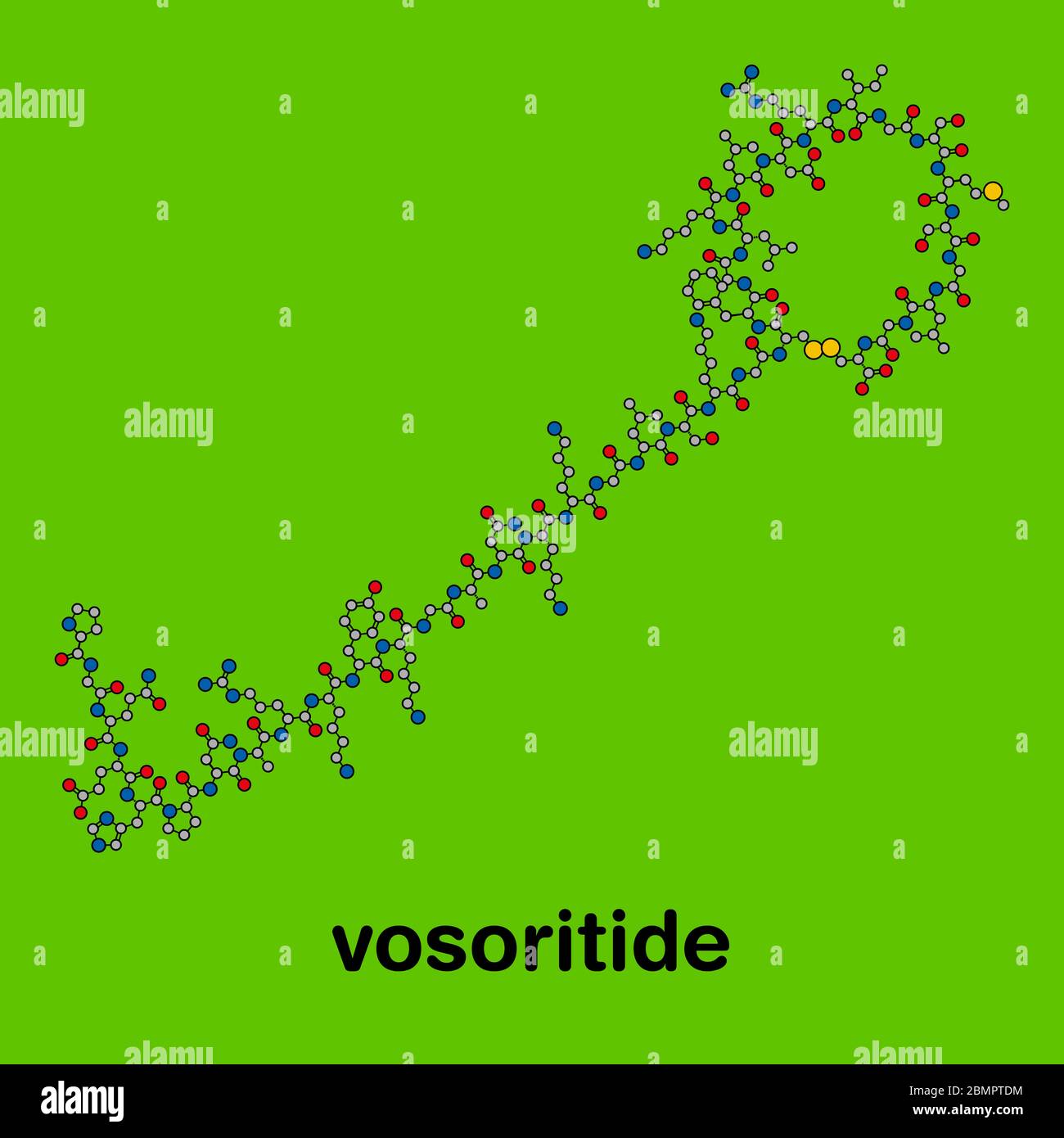 Vosoritide achondroplasia drug molecule. Stylized skeletal formula  (chemical structure): Atoms are shown as color-coded circles: hydrogen  (hidden), carbon (grey), nitrogen (blue), oxygen (red), sulfur (yellow  Stock Photo - Alamy