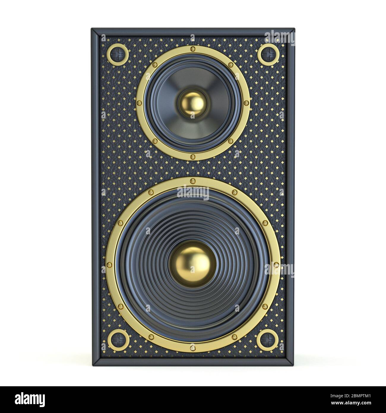 Single golden black speaker Front view 3D render illustration isolated on  white background Stock Photo - Alamy
