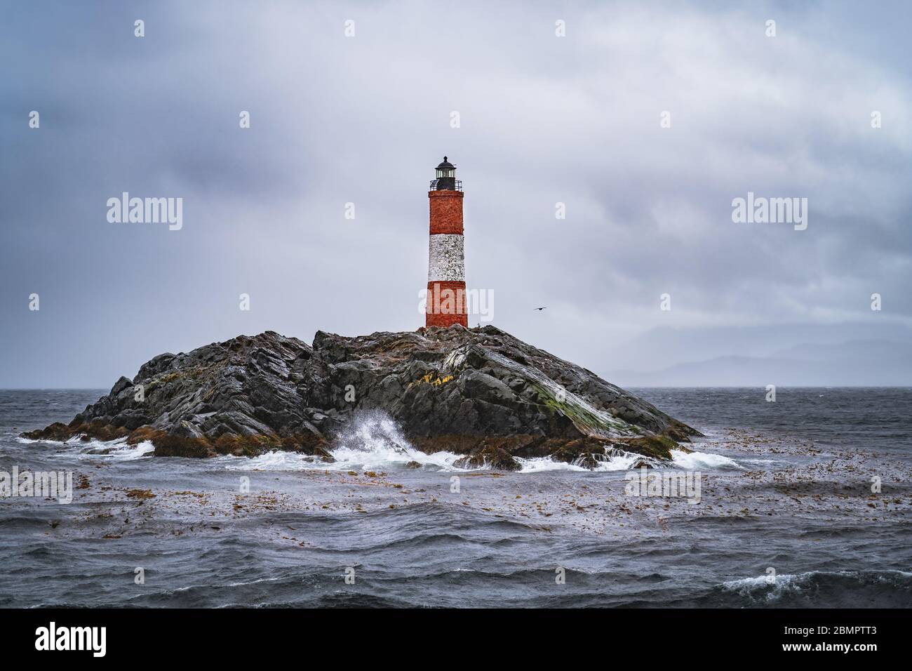 Les Eclaireurs Lighthouse aka the Lighthouse at the End of the World, in the Beagle Channel near Ushuaia, Tierra del Fuego, southern Argentina. Stock Photo