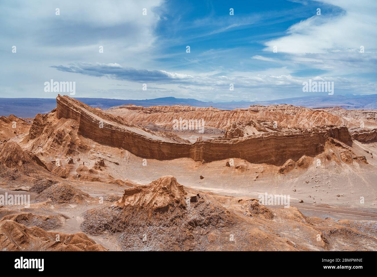 Dramatic landscape at the Moon Valley (Spanish: Valle de La Luna ) in the Atacama Desert, Chile, South America. Stock Photo