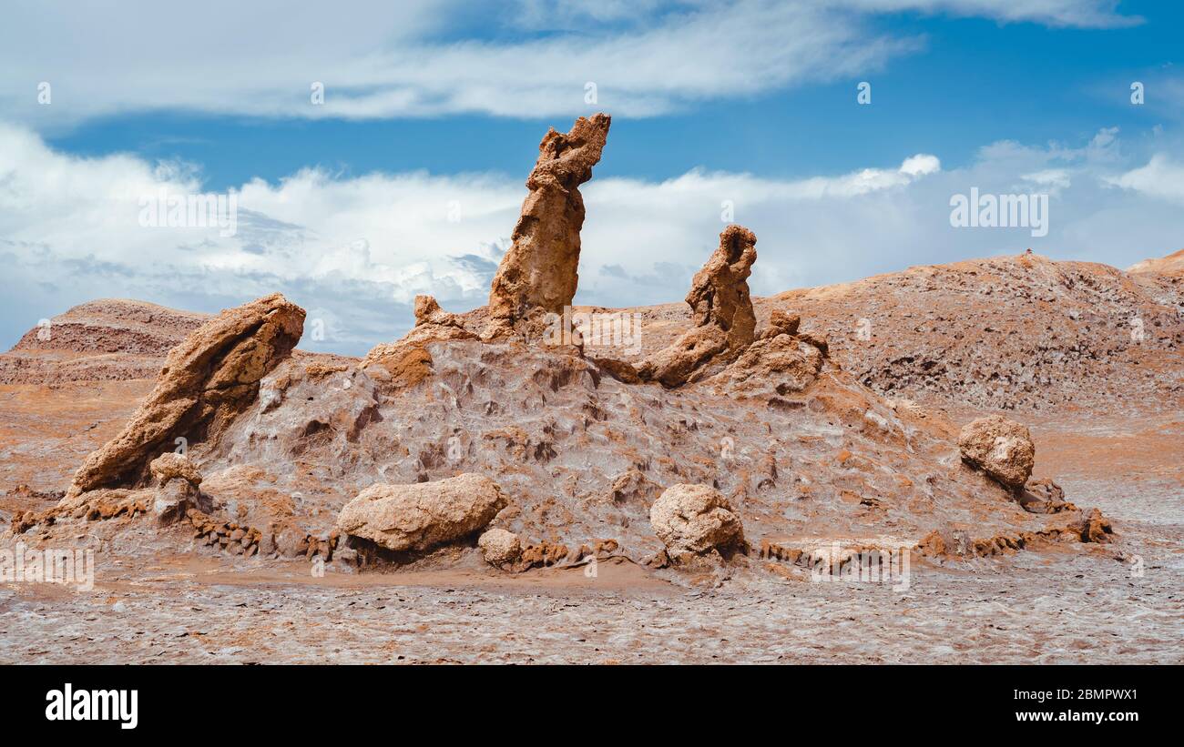 Three Marias (Spanish: Las Tres Marias ) rock formation at Valley of the Moon, Atacama Desert, Chile, South America. Stock Photo