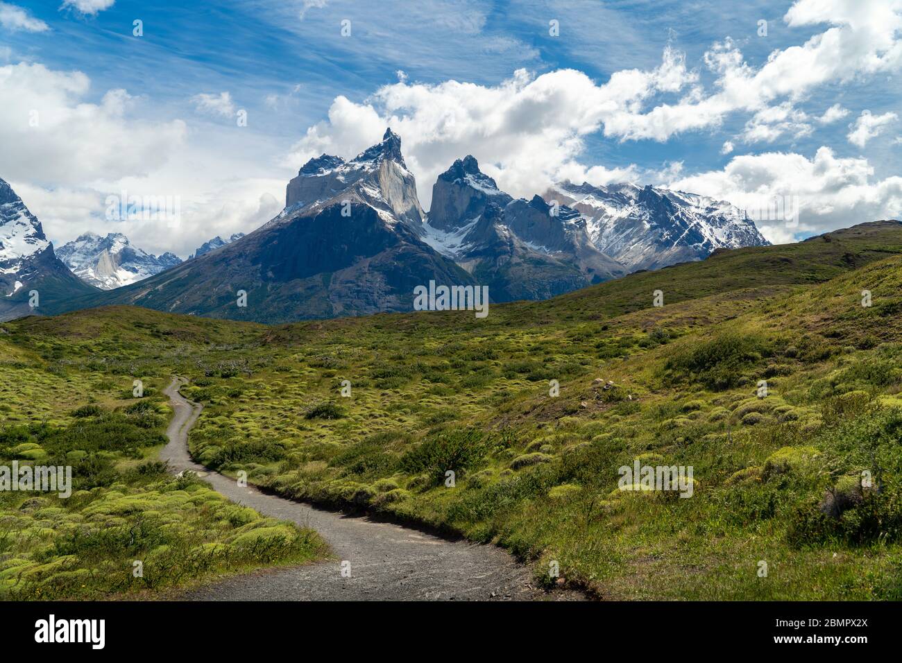 Paine Horns Massif (Spanish: Cuernos del Paine ) in Torres del Paine National Park, Patagonia, Chile, South America. Stock Photo
