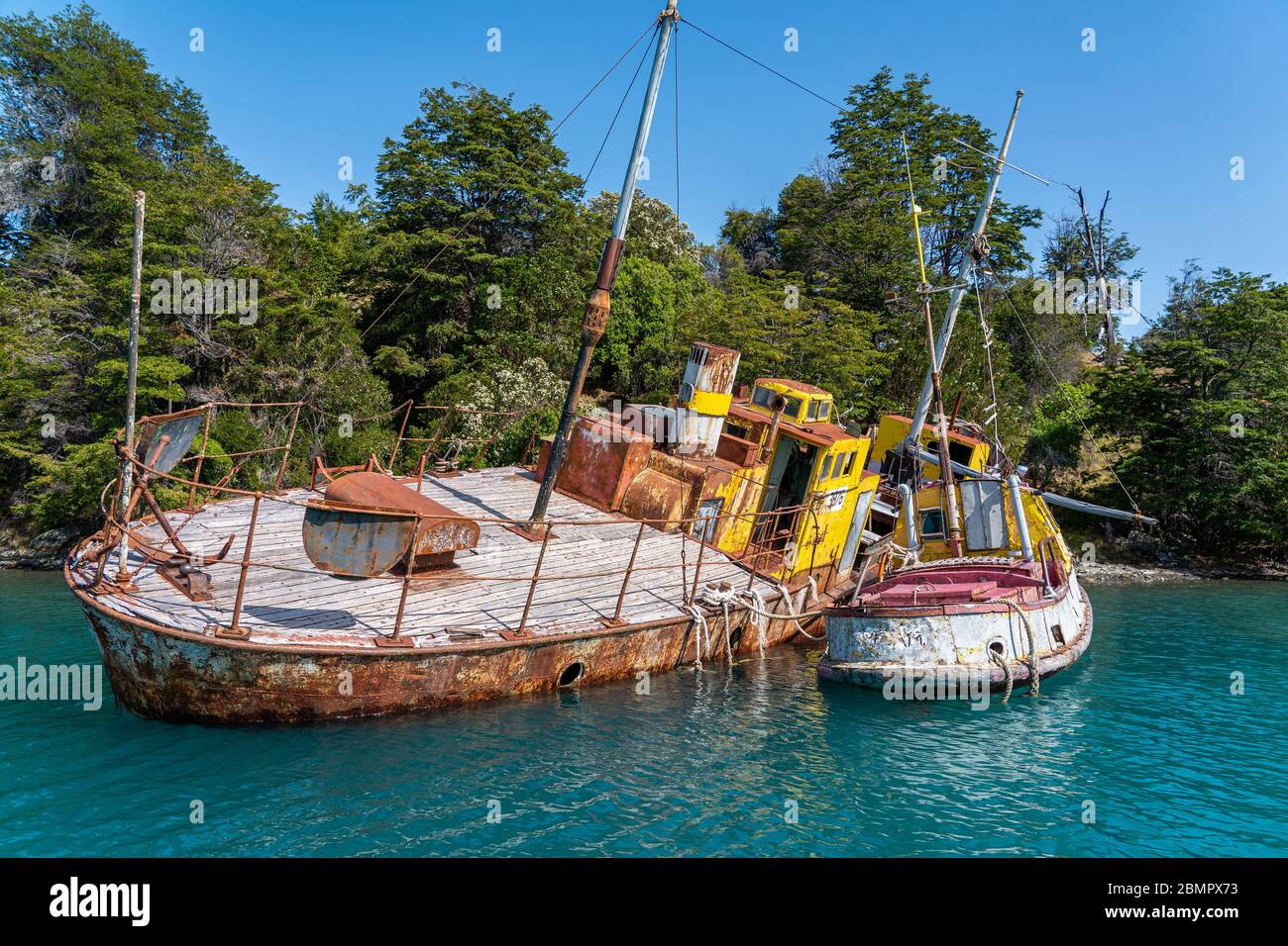 Shipwreck in the General Carrera Lake near Puerto Rio Tranquilo in Chile, Patagonia, South America. Stock Photo