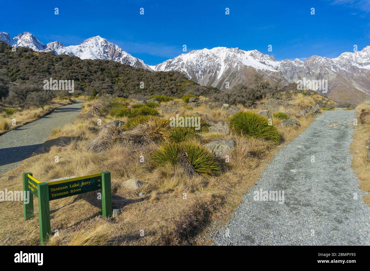 mountain valley landscape with hiking path with directional sign