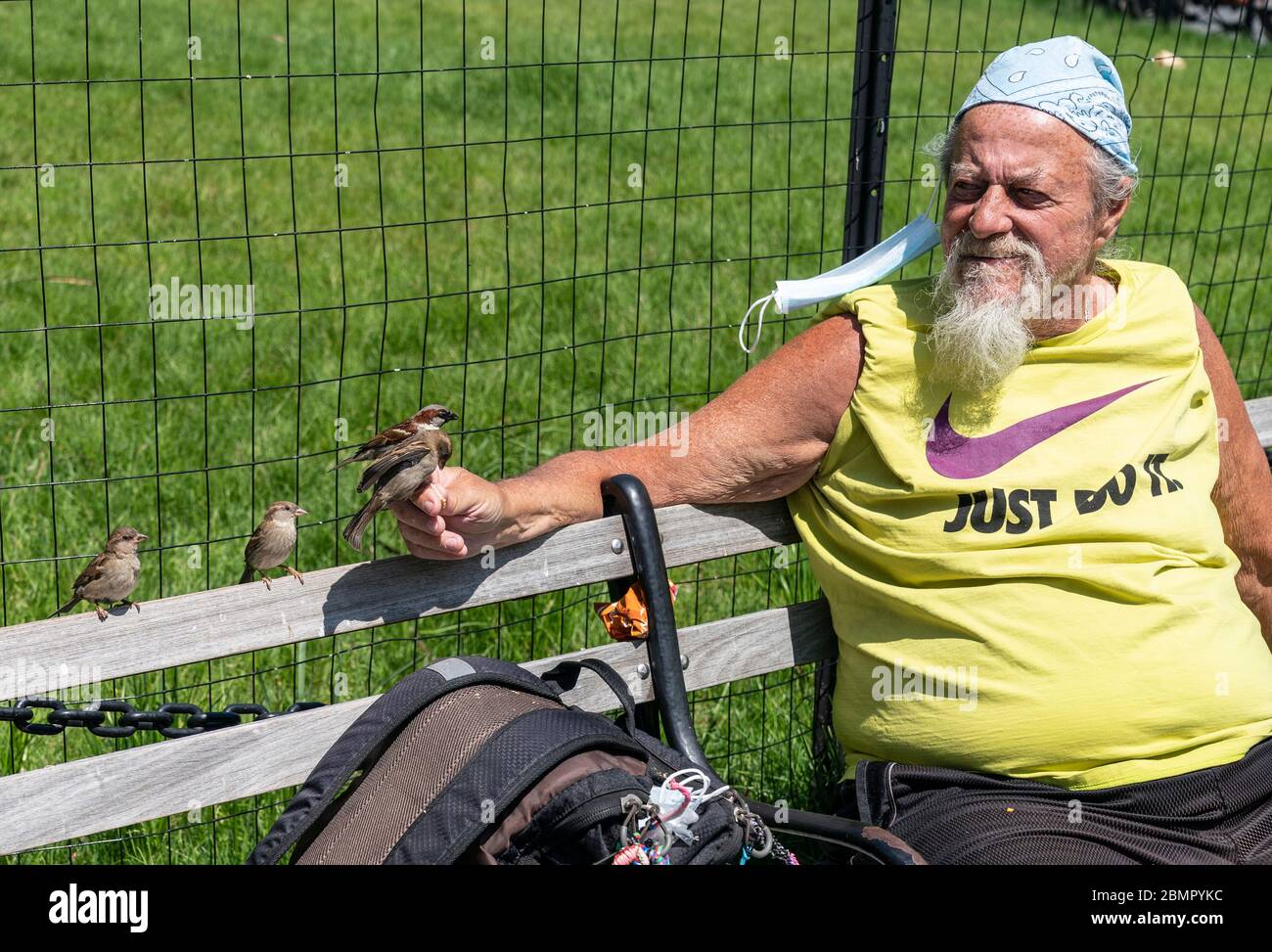 New York, NY - May 10, 2020: A man named Ronnie feed sparrows and enjoys sunny day amid COVID-19 pandemic in Washington Square Park Stock Photo