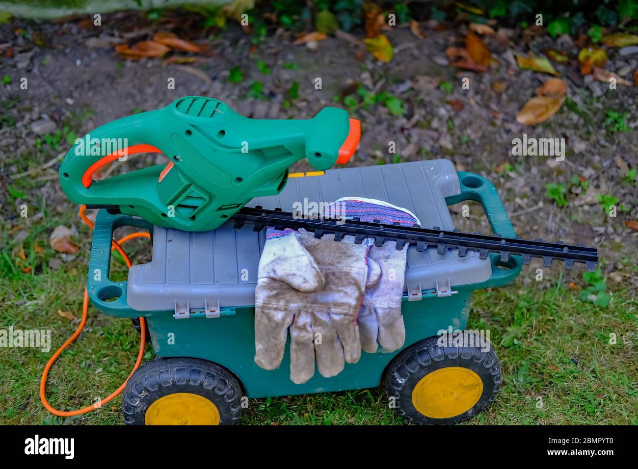 47 Electric hedge trimmers and gardening gloves on a plastic tool box