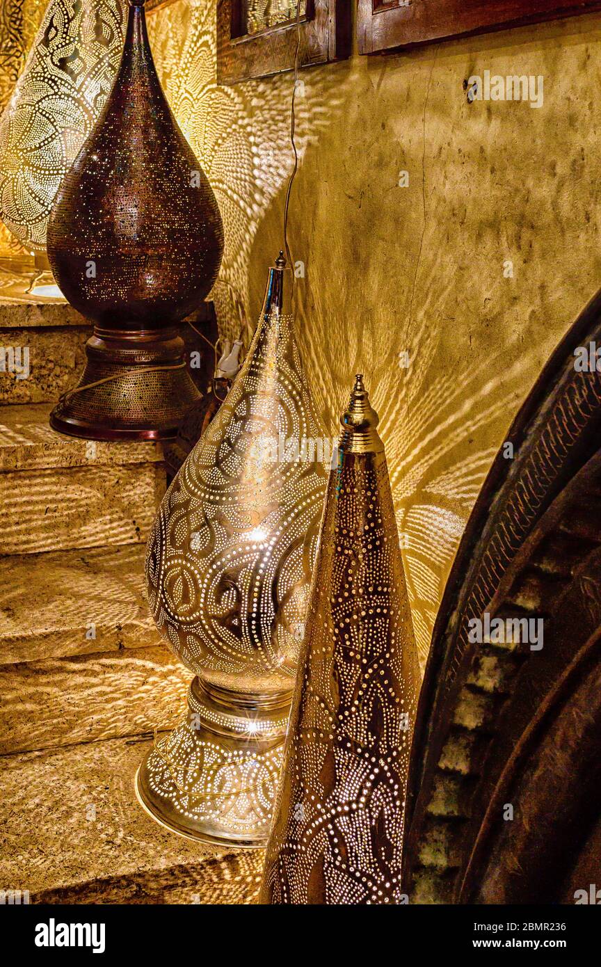 Decorative Metal Lanterns on sale in a general store on Road 9 Maadi, Cairo Stock Photo