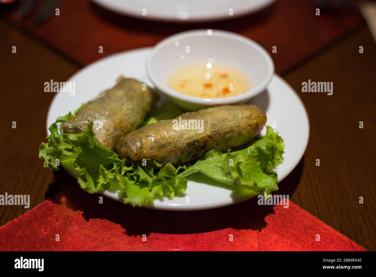 Vietnamese style deep fried spring rolls with dipping sauce. Asian spring rolls, springrollls Stock Photo