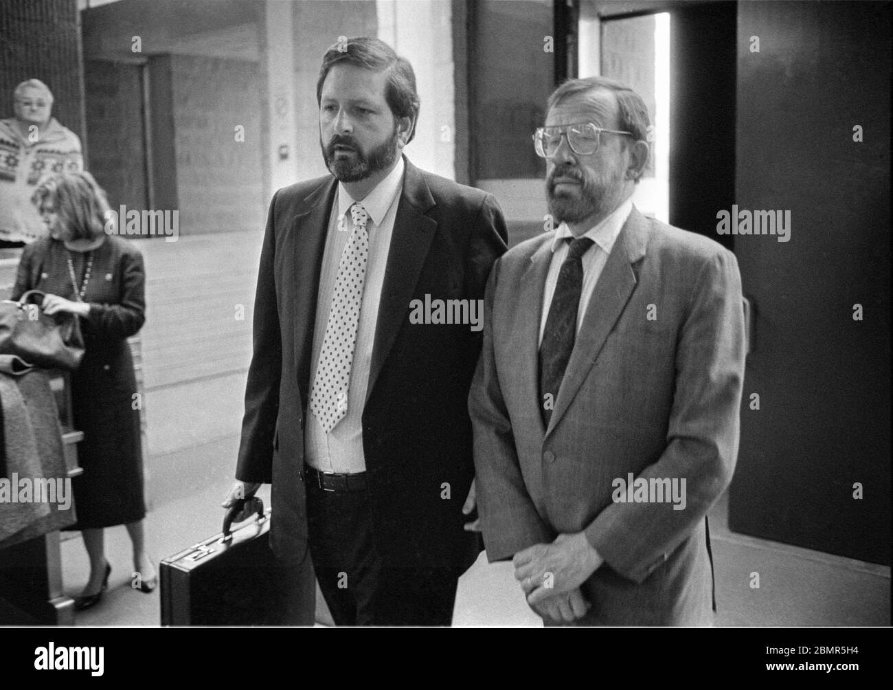 Wall Street securities analyst Joseph Pikul, right, with his lawyer, Ronald J. Bekoff at the Orange County Courthouse where is tried for the murder of his second wife, Diane Whitmore, at the Goshen, NY on January 21, 1989. Photo by Francis Specker Stock Photo