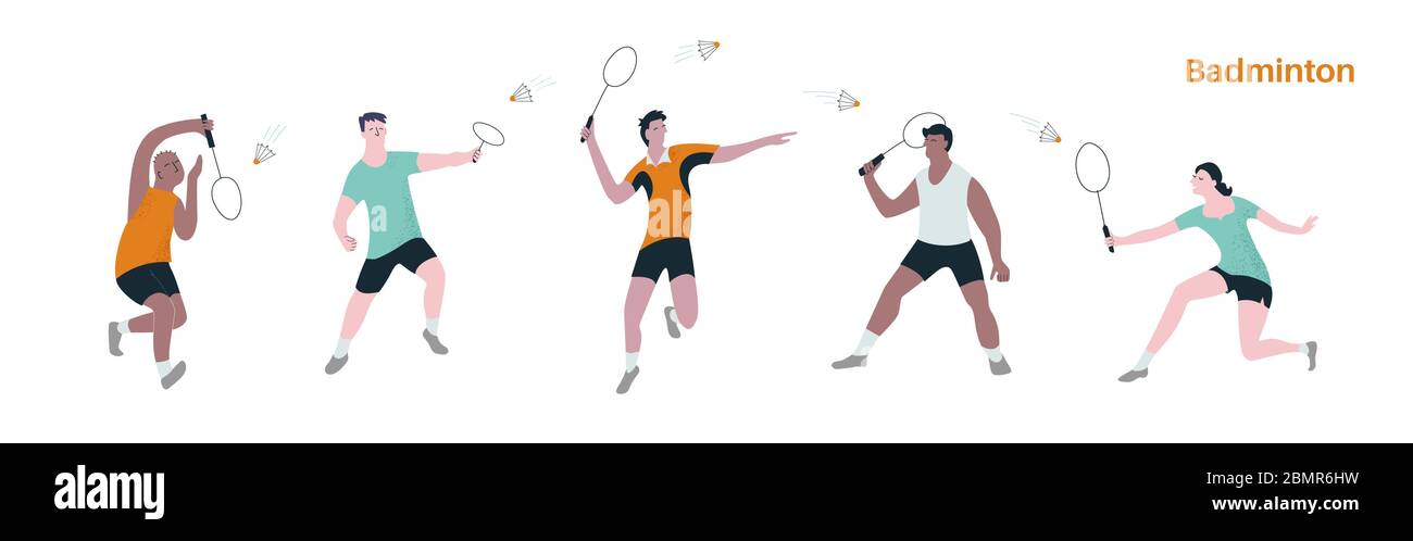 Vector illustration of people men and women playing badminton. Concept of sport activity and diversity. Stock Vector
