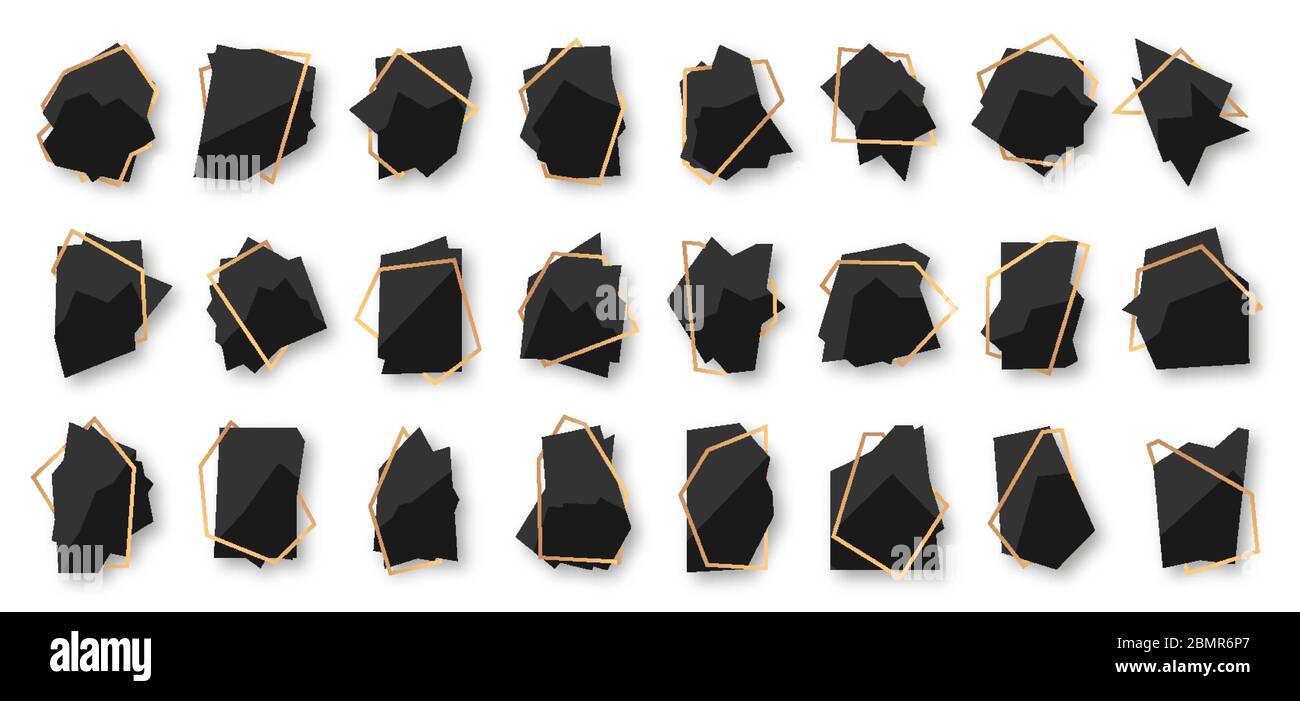 Abstract polygonal geometric black banner with gold line frame set. Empty template for any design, card text. Luxury decorative modern polyhedron frame element isolated on white vector illustration Stock Vector