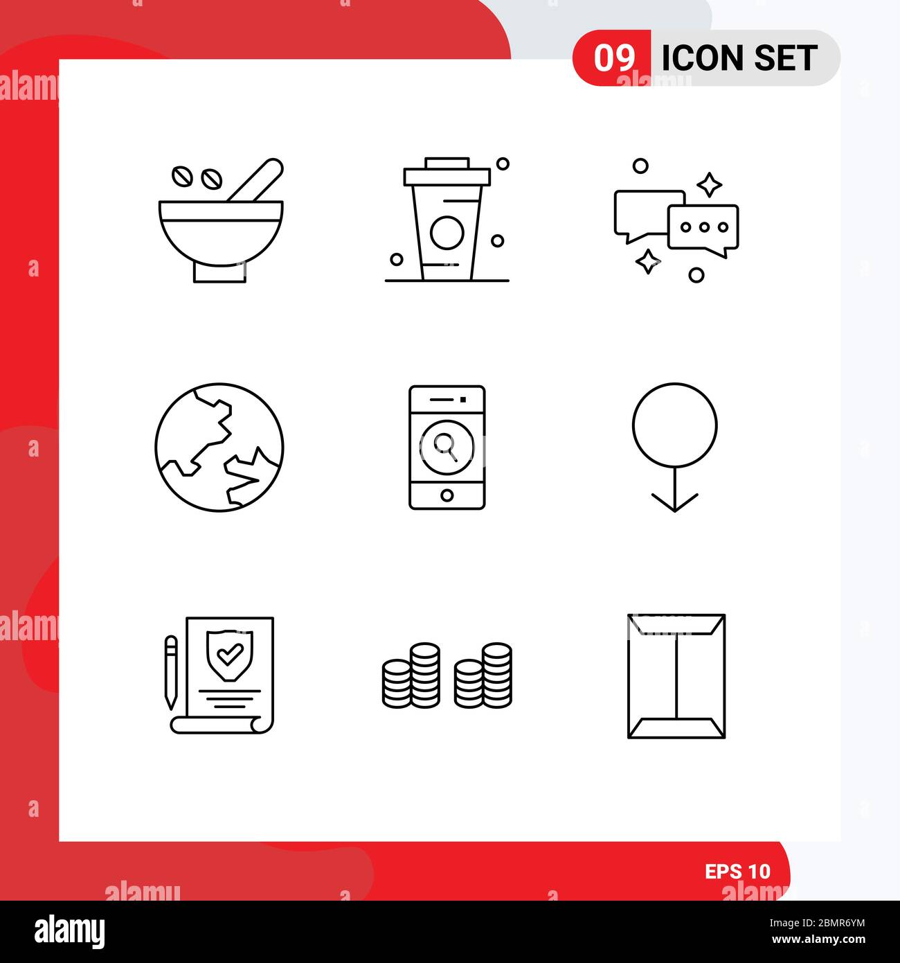 Mobile Interface Outline Set of 9 Pictograms of geography, earth, drink, email, chatting Editable Vector Design Elements Stock Vector