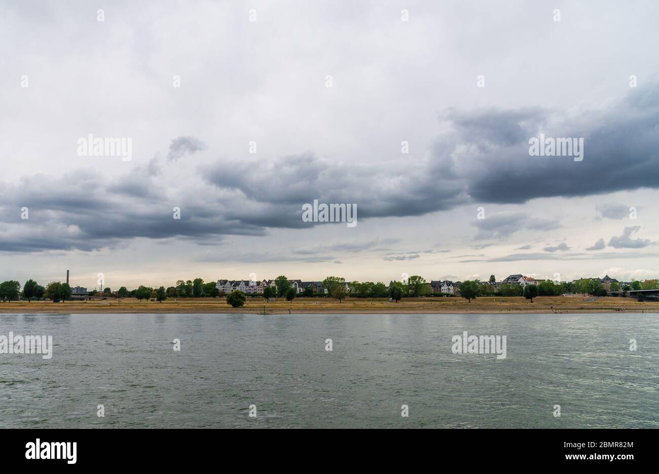 View at Oberkassel neighborhood and Rhine river in Dusseldorf, Germany. Stock Photo