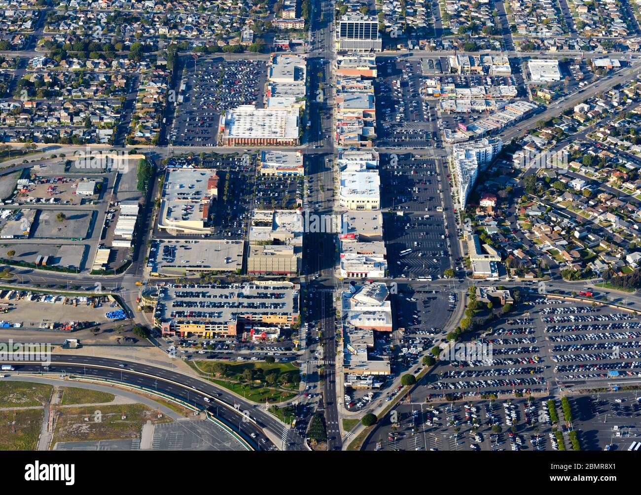 Aerial view of S Sepulveda Boulevard near LAX Airport. Multiple parking lots and residential houses in Westchester. High view of South Sepulveda Blvd. Stock Photo