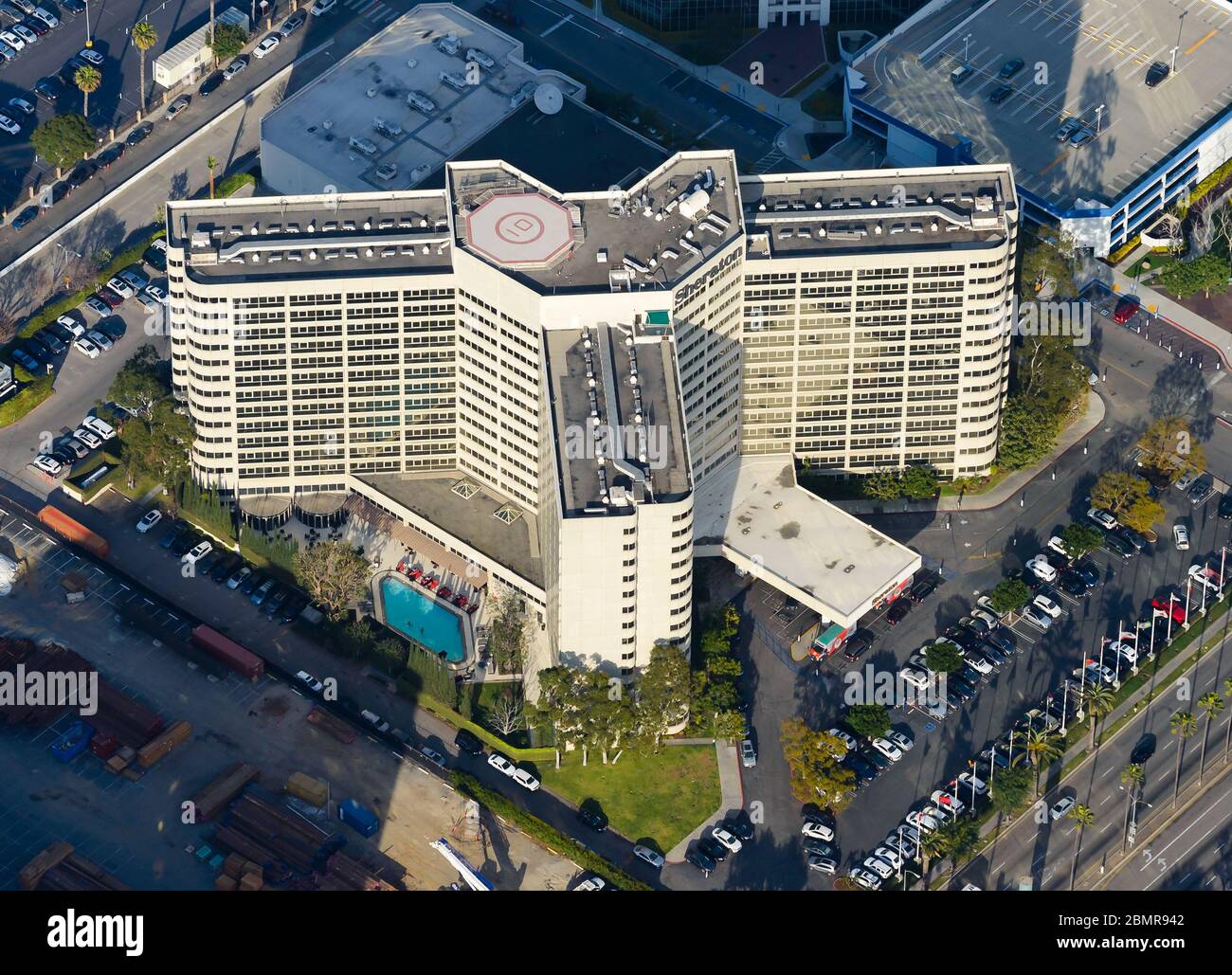 Sheraton Gateway Los Angeles Hotel LAX airport in United States. Aerial view of hotel with a pool in California, USA. Located in Century Boulevard. Stock Photo