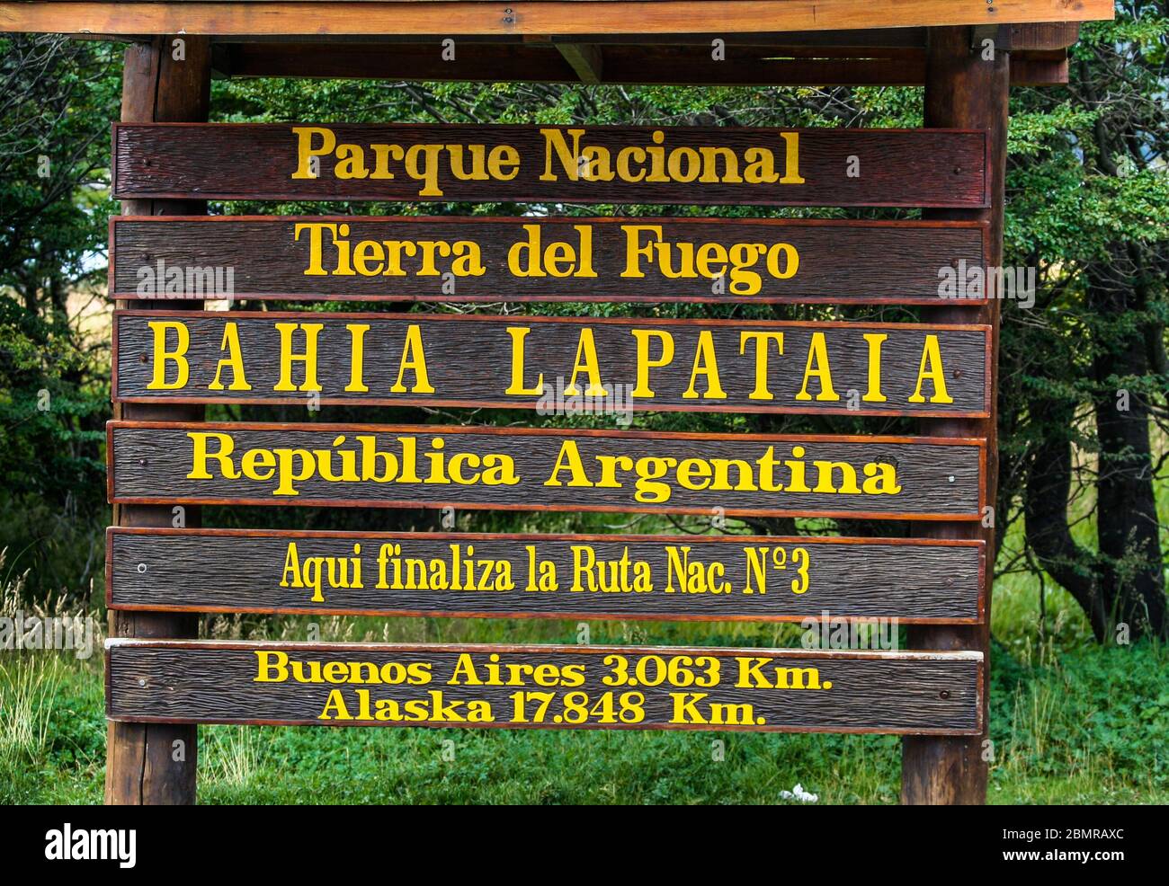 Sign for Bahia Lapataia (Lapataia Bay) that opens up to the Beagle Channel  at the bottom of the South American Continent, in Ushuaia, Argentina Stock  Photo - Alamy