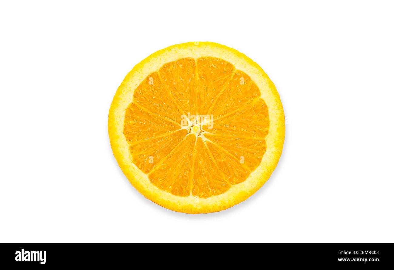 Cross section sliced piece of fresh organic navel orange in perfect shape on white isolated background with clipping path. Orange have high vitamin c, Stock Photo
