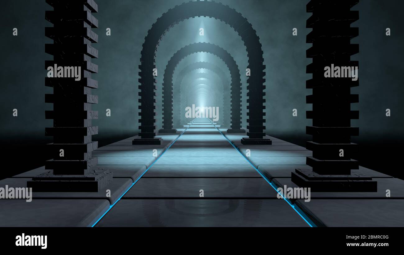 Front view of a long dark tunnel without people formed by arches made of bricks in a foggy environment with blue lights inside a castle. 3D Illustrati Stock Photo