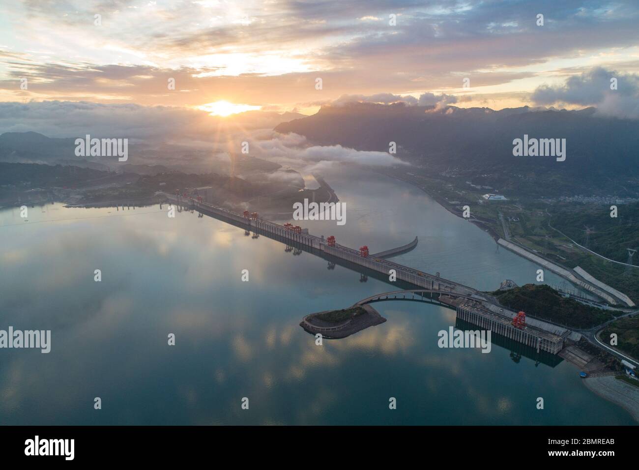 Beijing, China. 10th May, 2020. Aerial photo taken on May 10, 2020 shows a view of the Three Gorges Dam in early morning after a rainfall in central China's Hubei Province. Credit: Wang Gang/Xinhua/Alamy Live News Stock Photo