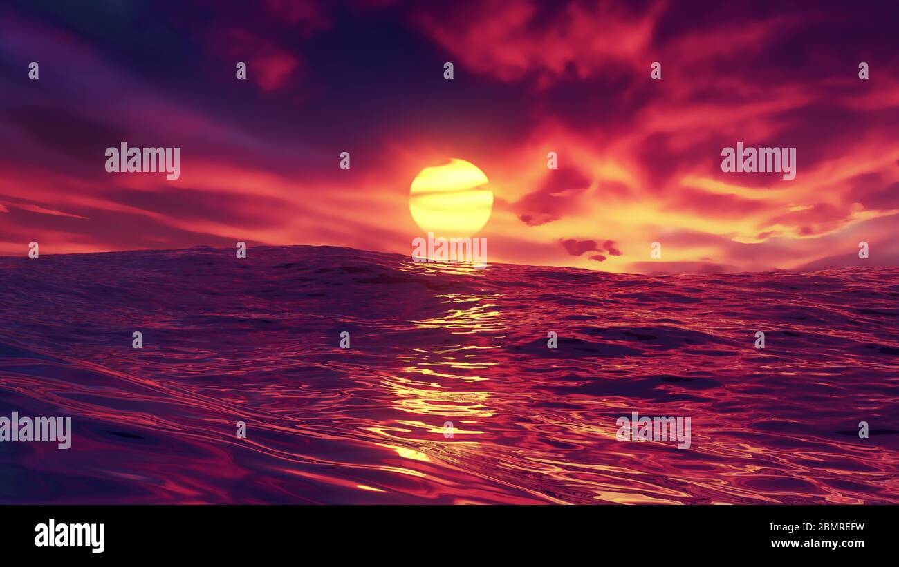 Red beautiful sunset over ocean with red sky and amazing sea with waves ...