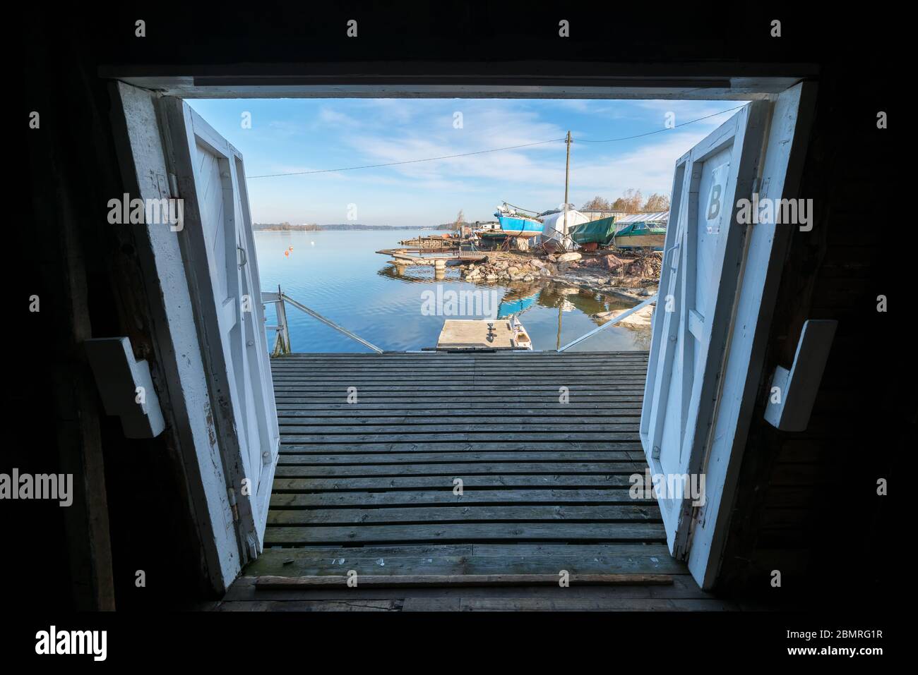 A view from inside of a paddling club house in Helsinki, Finland Stock Photo