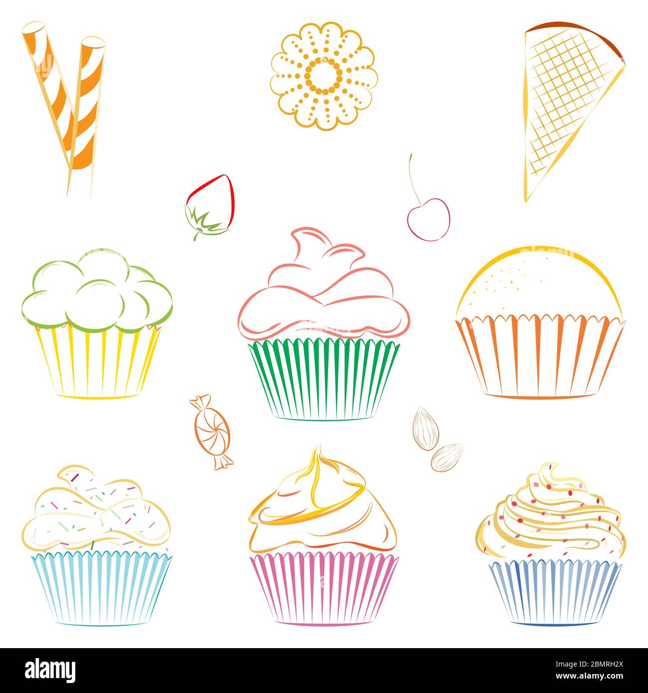 Vector collection of line drawing of cupcakes, candies and berries