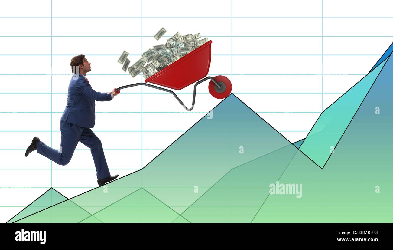 The businessman pushing wheelbarrow full of dollar money Stock Photo ...